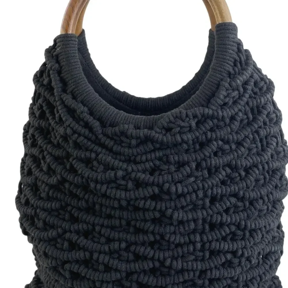 Sigrid Olsen Black Knit Hobo Bag with Wooden Handles